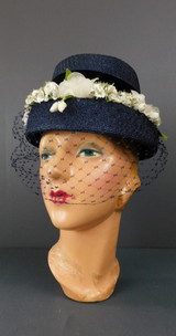 Vintage Dark Blue Straw Floral Hat 1950s with Netting, 21 inch head, Alexes