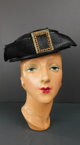 Vintage Black Straw Tilt Hat with Rhinestone Buckle and Straw Bow, 1960s, 21 inch head