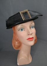 Vintage Black Straw Tilt Hat with Rhinestone Buckle and Straw Bow, 1960s, 21 inch head