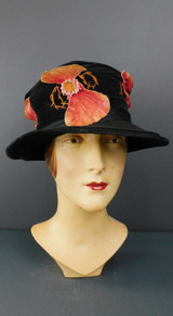 Vintage 1920s Black Velvet Hat with Coral Flowers and Brim, 21 to 22 inch head