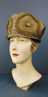 Vintage 1920s Brown Taffeta Hat with Straw Trim and Buttons, 21 to 22 inch head