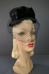 Vintage 1940s Black Straw Topper Hat, Veil, Netting and Velvet Bow, Rudy Siller