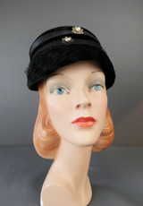 Vintage Black Velvet Hat with Filigree Flowers with Rhinestones, Satin and Netting Trim, 1950s