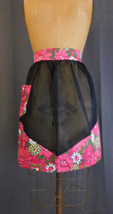 Vintage Sheer Black Apron with Red and Olive Floral 1960s unused