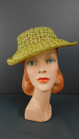 Vintage Sheer Green Raffia Hat with Large Back Flower and wide brim, 1950s Leslie James