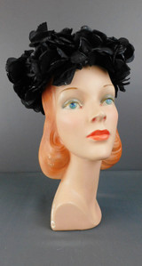 Vintage Black Velvet Hat with Black Glitter Flowers, 1960s Lemington