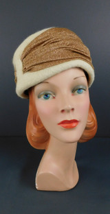 Vintage Ivory Felt Hat with Gold Metallic Knit, 1960s Christine Original