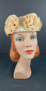 Vintage Pale Peach Chiffon Hat with Straw and Flowers, 1960s