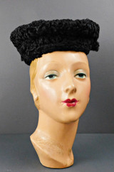 Vintage Black Curly Persian Lamb Fur Hat, Topper with Matching Hat Pins 1950s