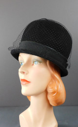 Vintage Black Felt Hat with Tall Rounded Top, Netting and Vinyl Trimmed Bow, 22 inch head