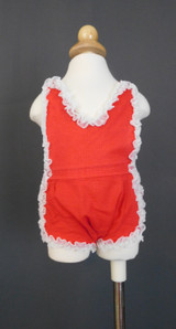 Vintage 1950s Red Baby Playsuit with Ruffled Panties, Cotton Plisse, plastic lining