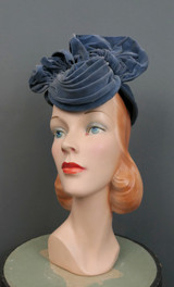 Vintage 1940s Blue Velvet Tilt Hat, elastic strap Lord & Taylor