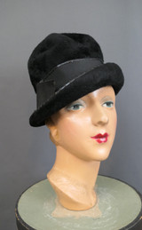 Vintage Black Plush Felt Hat with Slanted Brim & Vinyl Trim, 1960s 22 inch head, some issues