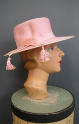 Vintage Light Pink Hat Wide Brim Straw with Tassels, 1960s, 21 inch head