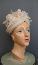 Vintage Ivory Organdy Hat with Pale Pink Flowers 1950s, DePinna, 21 inch head