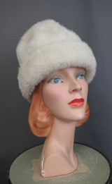 Vintage Ivory & Black Fake Fur Hat 1960s 1970s, fits 21 inch head