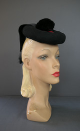 Vintage 1940s Topper Hat, Black & Red Felt Tilt with Satin Ribbon and Fur Ball 