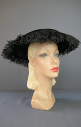 Vintage Black Velvet Wide Brim Hat with Feathers, 1950s 21 inch head, 12 inches across, Coralie 