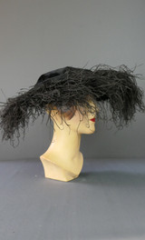 Vintage 1910s Black Silk Velvet Hat with Wide Brim & Feathers, with issues, 16 inches wide, 22 inch head, M.L. Rogowski Paterson NJ
