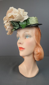 Vintage 1940s Topper Hat, Shiny Black Cello with Large Flowers, elastic tilt, New York Creation