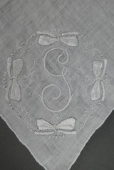 Vintage White Linen G Hankie Monogramed Initial, 1950s, 12 inch Handkerchief