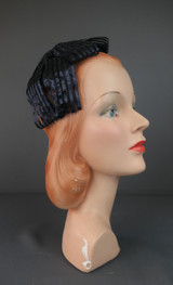 Vintage Midnight Blue Mesh & Raffia Half Hat, 1960s Evening 