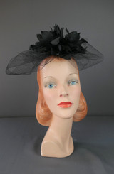 Vintage Black Flower & Net Loops Fascinator Hat 1960s Evening