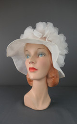 Vintage White Chiffon Petals Hat with Wide Brim, 1960s 1970s, 22-23 inch head, large