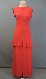 Vintage 1940s Red Crepe Gown, Wide Peplum and Back Buttons, fits 34 inch bust, issues