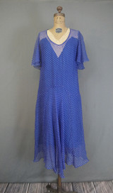 Vintage 1920s Blue Print Silk Dress, Lace Neckline & Flutter Sleeves, 35 bust, some issues