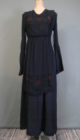 Antique Beaded Edwardian Dress, Dark Blue Silk & Chiffon, Red Floral Beads, 34 bust