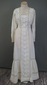 Antique Edwardian Dress, White Cotton Embroidered Front & Lace Trim, High Neck, Crochet Buttons, 34 bust