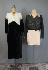 2 Damaged Antique Clothing, 1910s Black Silk Blouse & 1920s Silk & Velvet Dress