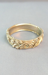 Vintage Gold Bangle Bracelet, Raised Flowers, Hinged, 1/2 inch wide