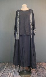 Vintage Navy Chiffon Dress with White Embroidery & Beads, Late Teens, 1920s, some issues, altered