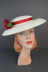 Vintage Hat White Wide Brim with Red Ribbon and Pink Flower, 1960s, 21 inch head
