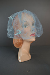 Vintage Hat Light Blue Tulle Netting Veil 1960s, fits any size, velvet bows