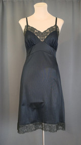 Vintage Black Full Slip with Lace Trim, 34 bust, 1960s Munsingwear, 34 Short, shows wear