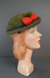 Vintage Topper Hat Olive Green Boucle Loops & Feathers by Chandra, 1960s, Orange Bow
