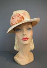 Vintage Natural Straw Hat with Ivory Ribbon Trim & Peach Satin Flower, 1980s Ladies Fedora Style, Anita Pinault, 21 inch head