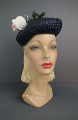Vintage Dark Blue Straw Beret Style Hat with Pink Rose, 1950s, 21 inch head