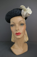 Vintage Navy Straw Pancake Beret Hat with Bow & Flowers, 1960s  21 inch head