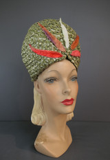 Vintage Tall Green Straw Turban Style Hat 1960s, handmade by Hazel, Tall Unusual, 21 inch head