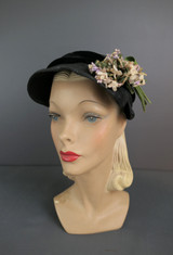 Vintage Black Hat with Small Flowers, Straw with Velvet late 1940s, 22 inch head