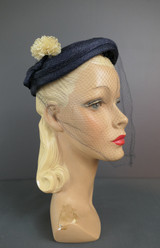 Vintage Dark Blue Straw Topper Hat with Straw Pom Pom and Veil, late 1940s