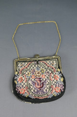 Vintage Black Petit Point Needlepoint Purse Floral Urn,  Antique 1920s, Enamel Tiny Pearls, some issues