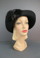 Vintage Black Felt Hat with Wide Brim and Feathers, 1970s, 22 inch head 1980s
