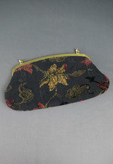 Vintage Black Floral Clutch Purse, Tapestry Carpet Fabric 1950s 1960s