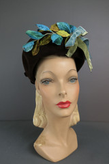 Vintage 1960s Brown Velour Hat with Turquoise Velvet Flowers, Eddi, 22 inch head