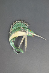 Vintage 1930s 1940s Jumping  Marlin Fish Brooch, Enamel & Rhinestones, Costume Jewelry, 3 inches